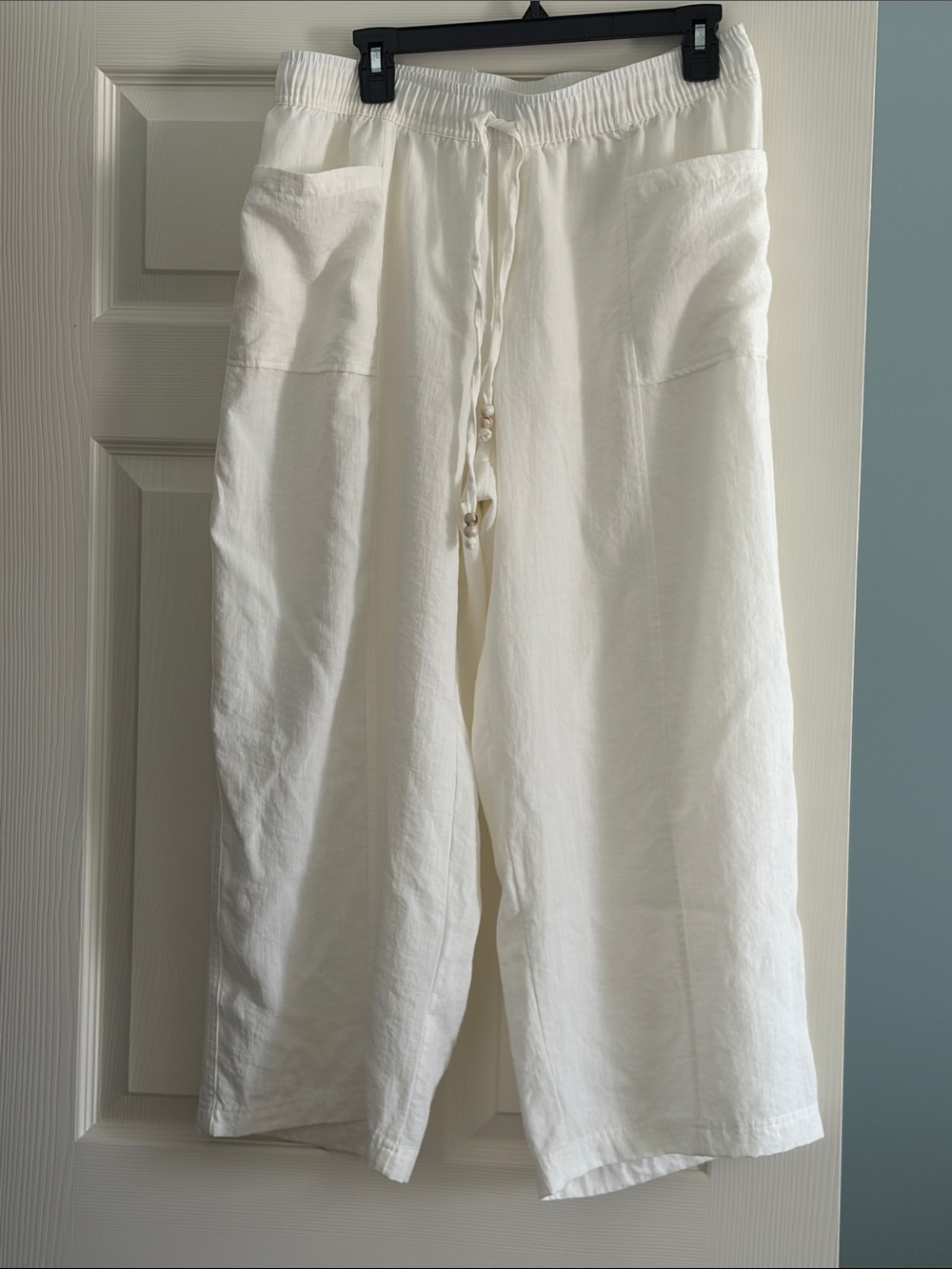 White Wide-Leg Linen Blend Drawstring Pants